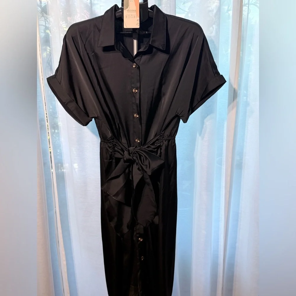 NWT BTFBM Black Button-Up Satin Maxi Dress Tie Front Pleated Midi Size XL - Picture 2 of 7